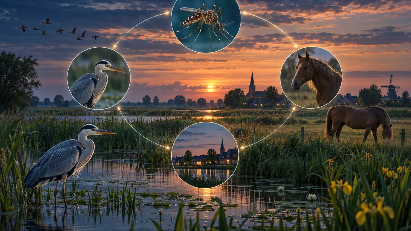 Redactionele illustratie van een Nederlandse moerasomgeving met een mug, wilde vogel en paard als onderdelen van westnijlvirussurveillance