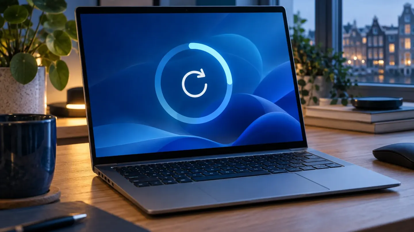 Laptop op een bureau met een blauwe cirkel die een Windows-update verbeeldt