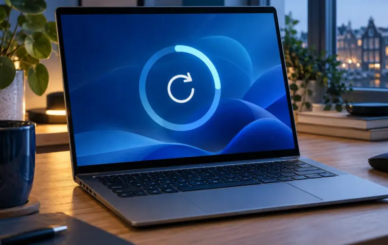 Laptop op een bureau met een blauwe cirkel die een Windows-update verbeeldt