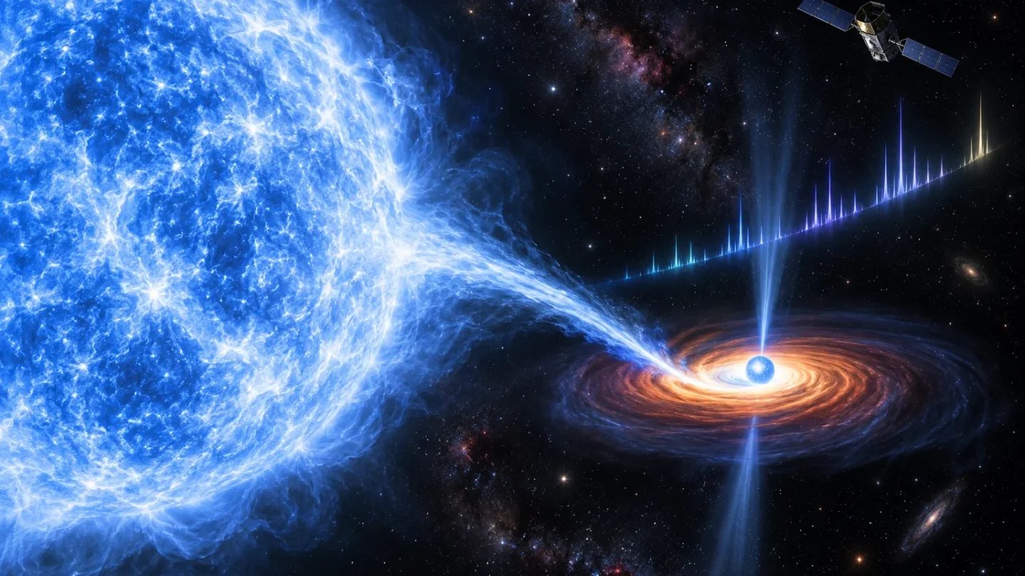 Redactionele ruimteillustratie van een blauwe hyperreus die gas overdraagt aan een neutronenster, met een röntgenspectrum en satelliet