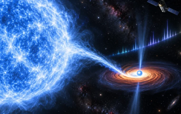 Redactionele ruimteillustratie van een blauwe hyperreus die gas overdraagt aan een neutronenster, met een röntgenspectrum en satelliet