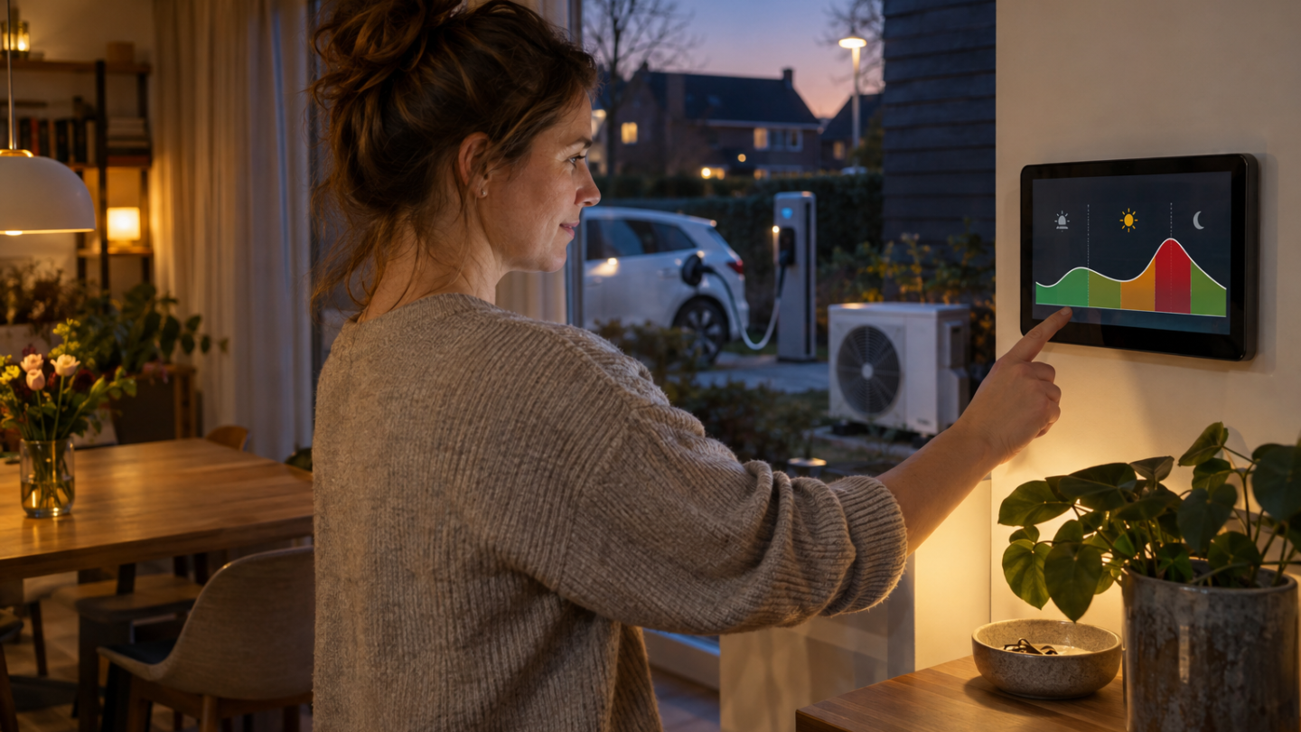 Een vrouw bekijkt thuis een energiegrafiek terwijl buiten een elektrische auto wordt opgeladen en een warmtepomp staat.