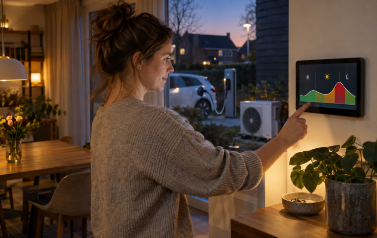 Een vrouw bekijkt thuis een energiegrafiek terwijl buiten een elektrische auto wordt opgeladen en een warmtepomp staat.