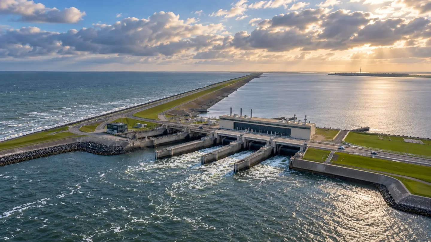 De Afsluitdijk met het nieuwe gemaal en spuisluizen tussen het IJsselmeer en de Waddenzee