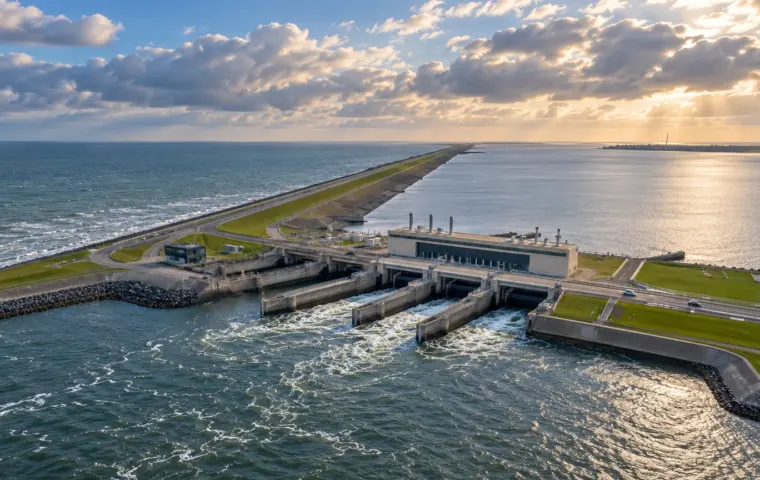 De Afsluitdijk met het nieuwe gemaal en spuisluizen tussen het IJsselmeer en de Waddenzee