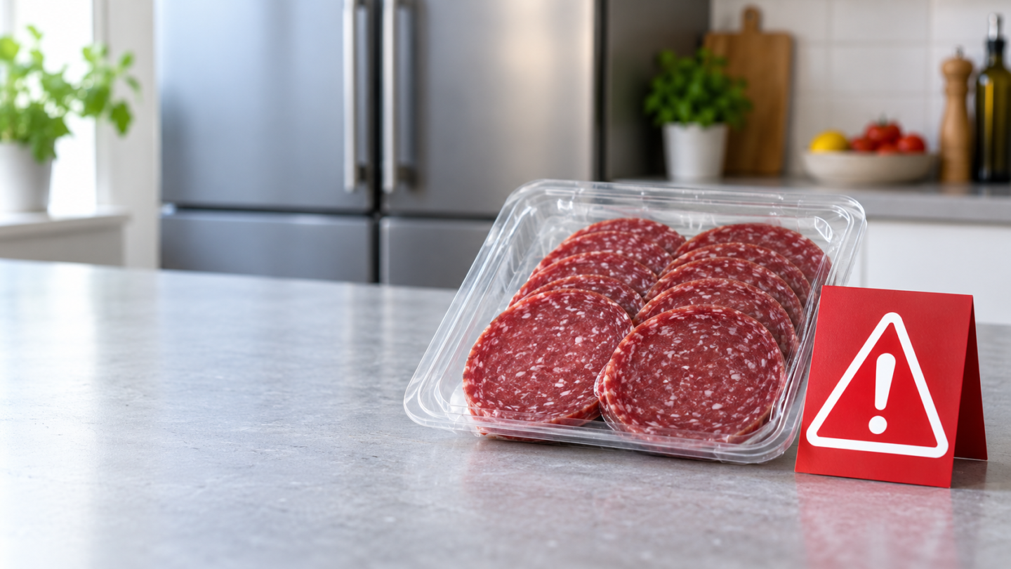 Ongeopende verpakking met plakjes ossenworst naast een rood waarschuwingssymbool