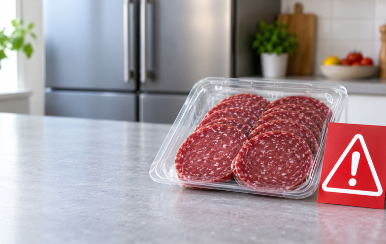 Ongeopende verpakking met plakjes ossenworst naast een rood waarschuwingssymbool