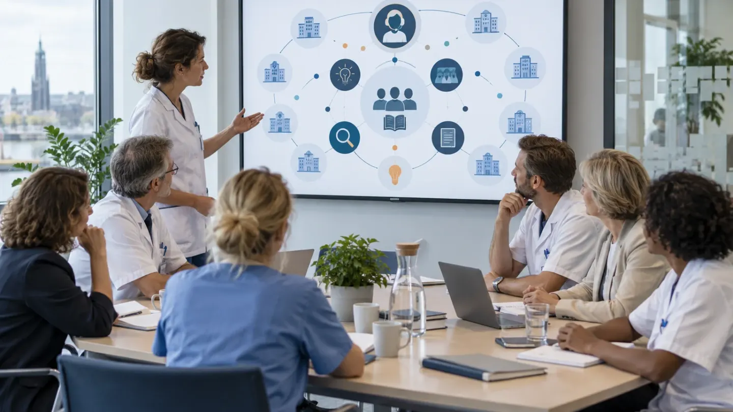 Zorgprofessionals bespreken een abstract netwerk van ziekenhuizen, kennis en ondersteuning op een groot scherm