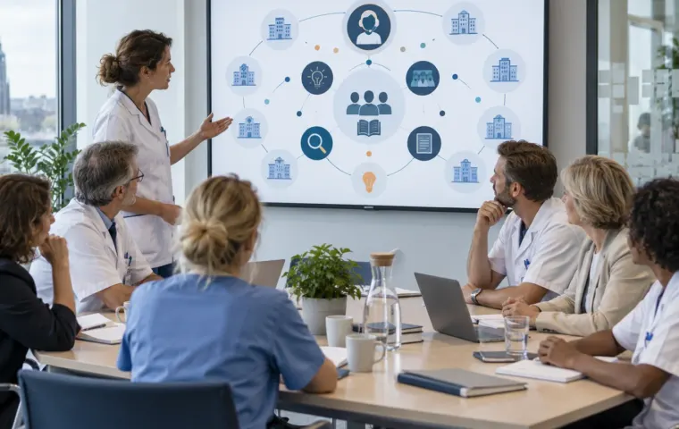 Zorgprofessionals bespreken een abstract netwerk van ziekenhuizen, kennis en ondersteuning op een groot scherm