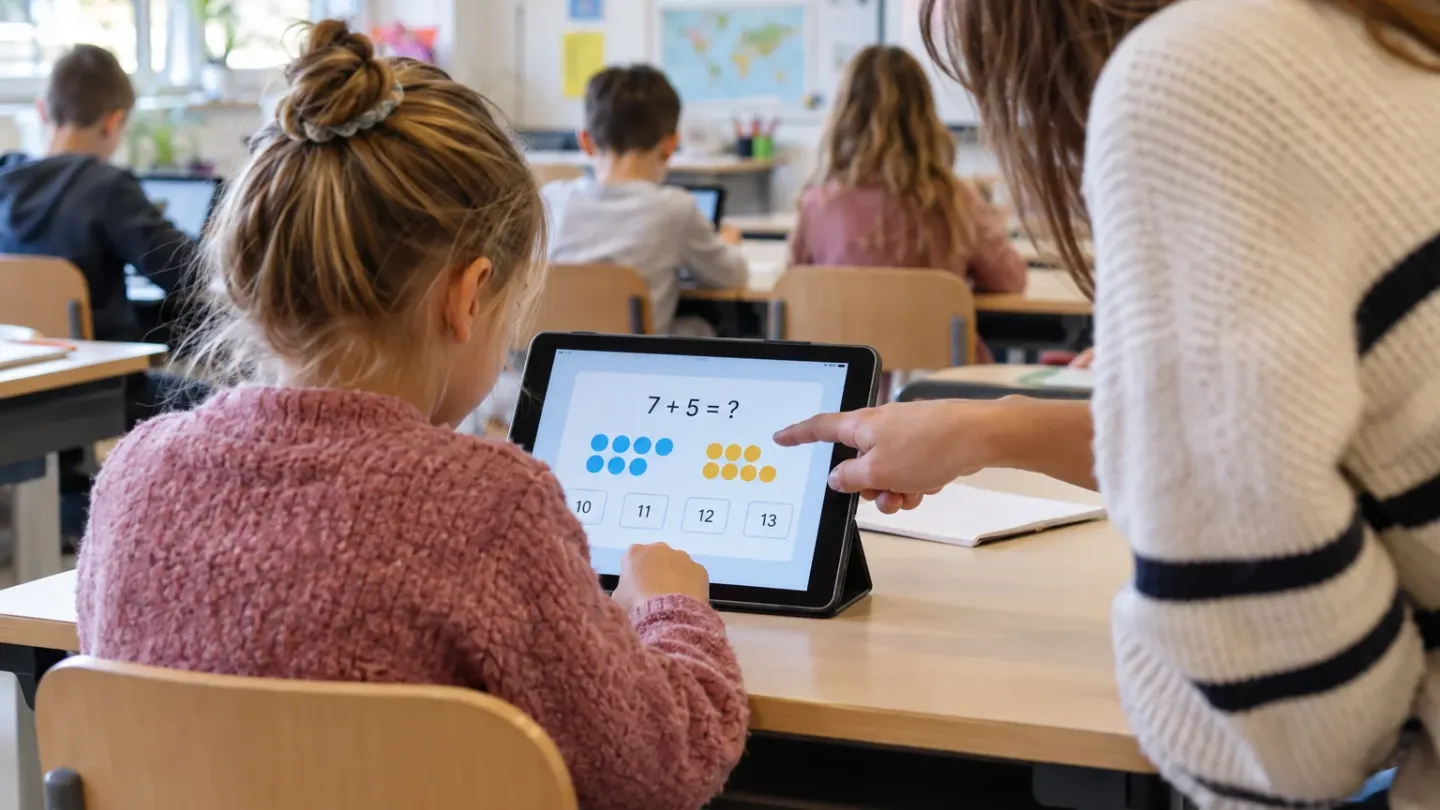 Basisschoolleerling oefent rekenen op een tablet terwijl een leraar helpt