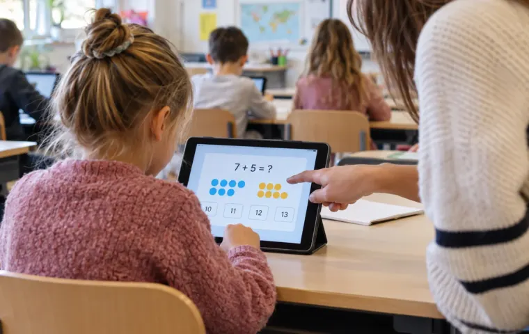 Basisschoolleerling oefent rekenen op een tablet terwijl een leraar helpt