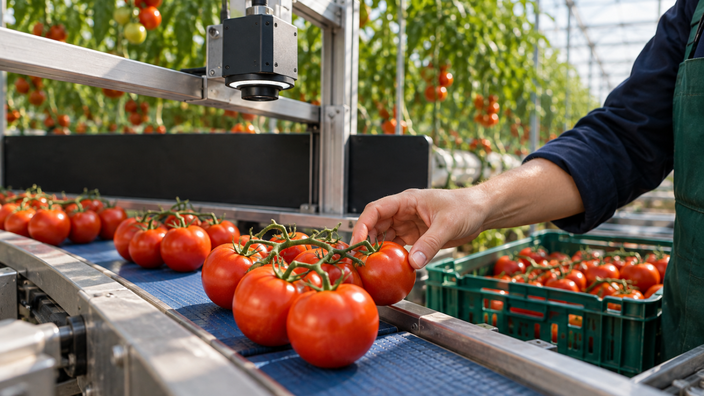 Medewerker controleert tomaten op een lopende band onder een camerasensor in een moderne kas.