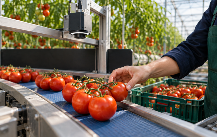 Medewerker controleert tomaten op een lopende band onder een camerasensor in een moderne kas.