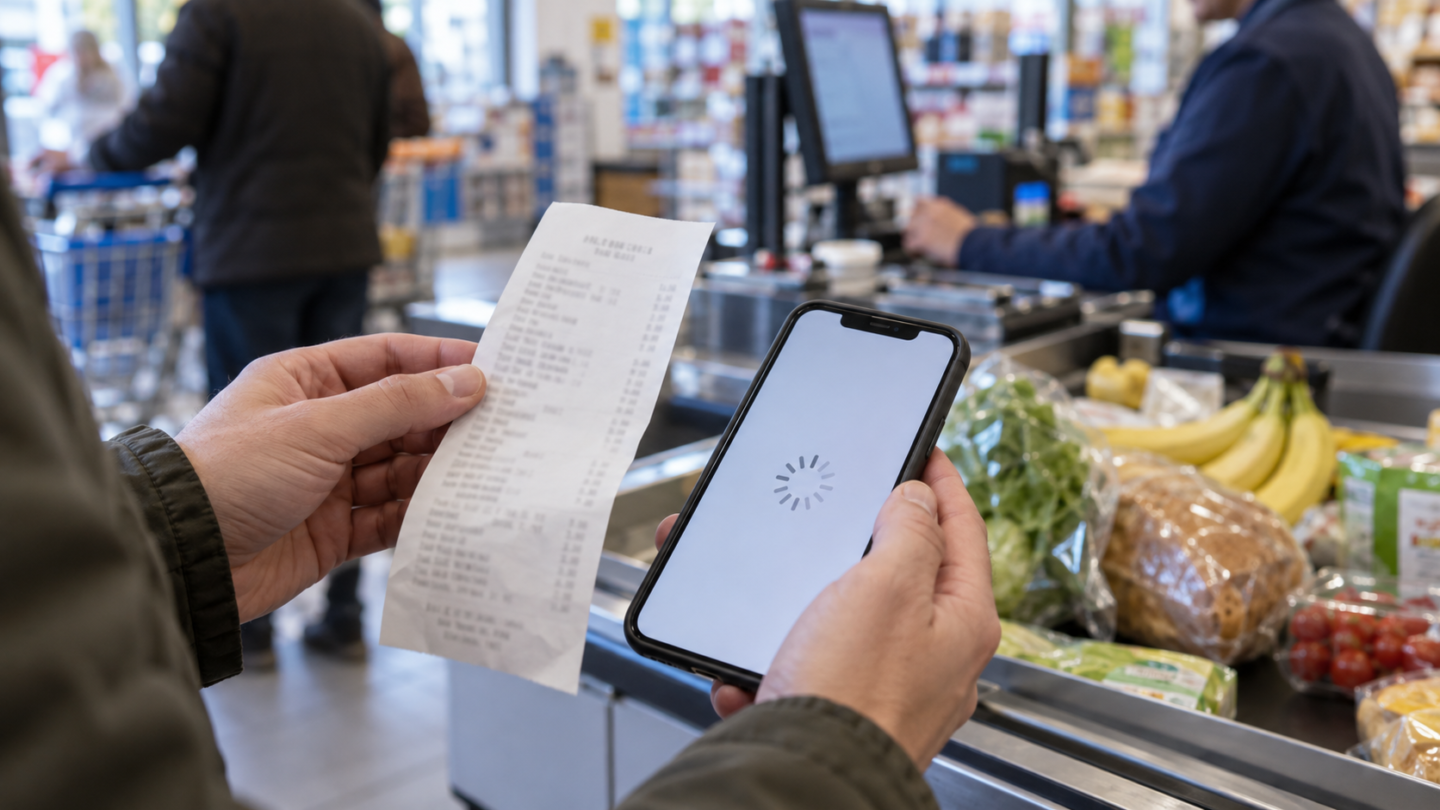 Een klant houdt bij een supermarktkassa een kassabon en een telefoon met een laadteken vast.