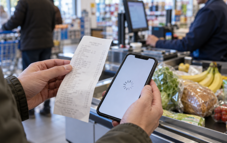 Een klant houdt bij een supermarktkassa een kassabon en een telefoon met een laadteken vast.