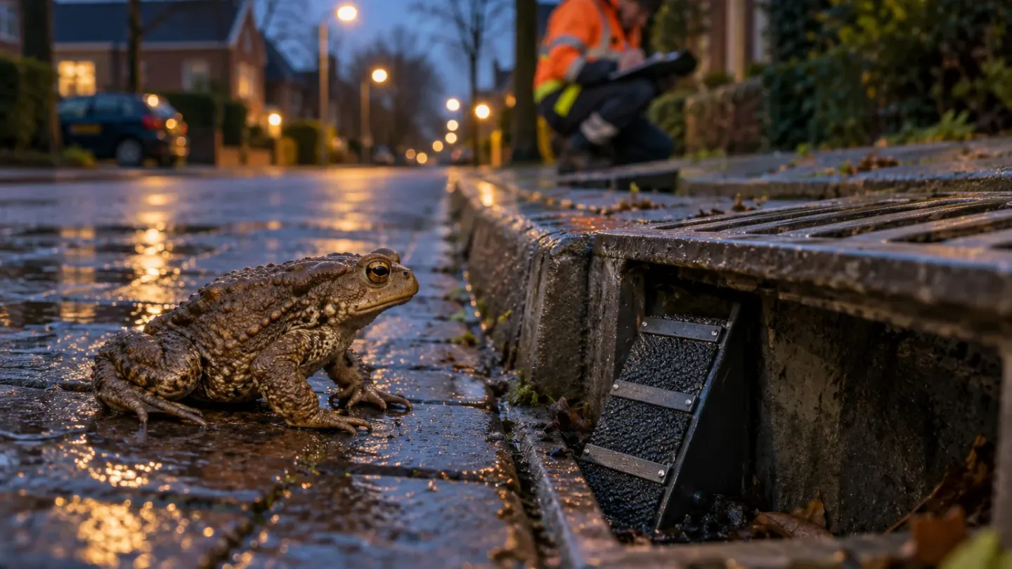 Gewone pad naast een straatkolk met een kleine ontsnappingshelling in een Nederlandse woonstraat