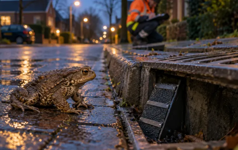 Gewone pad naast een straatkolk met een kleine ontsnappingshelling in een Nederlandse woonstraat