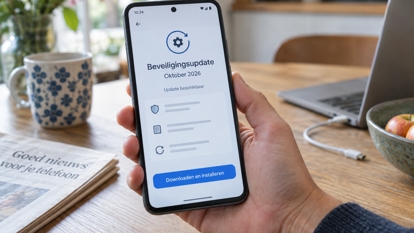 Een hand houdt een merkloze smartphone vast met een scherm voor een beveiligingsupdate in oktober 2026.