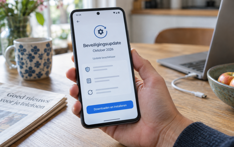 Een hand houdt een merkloze smartphone vast met een scherm voor een beveiligingsupdate in oktober 2026.