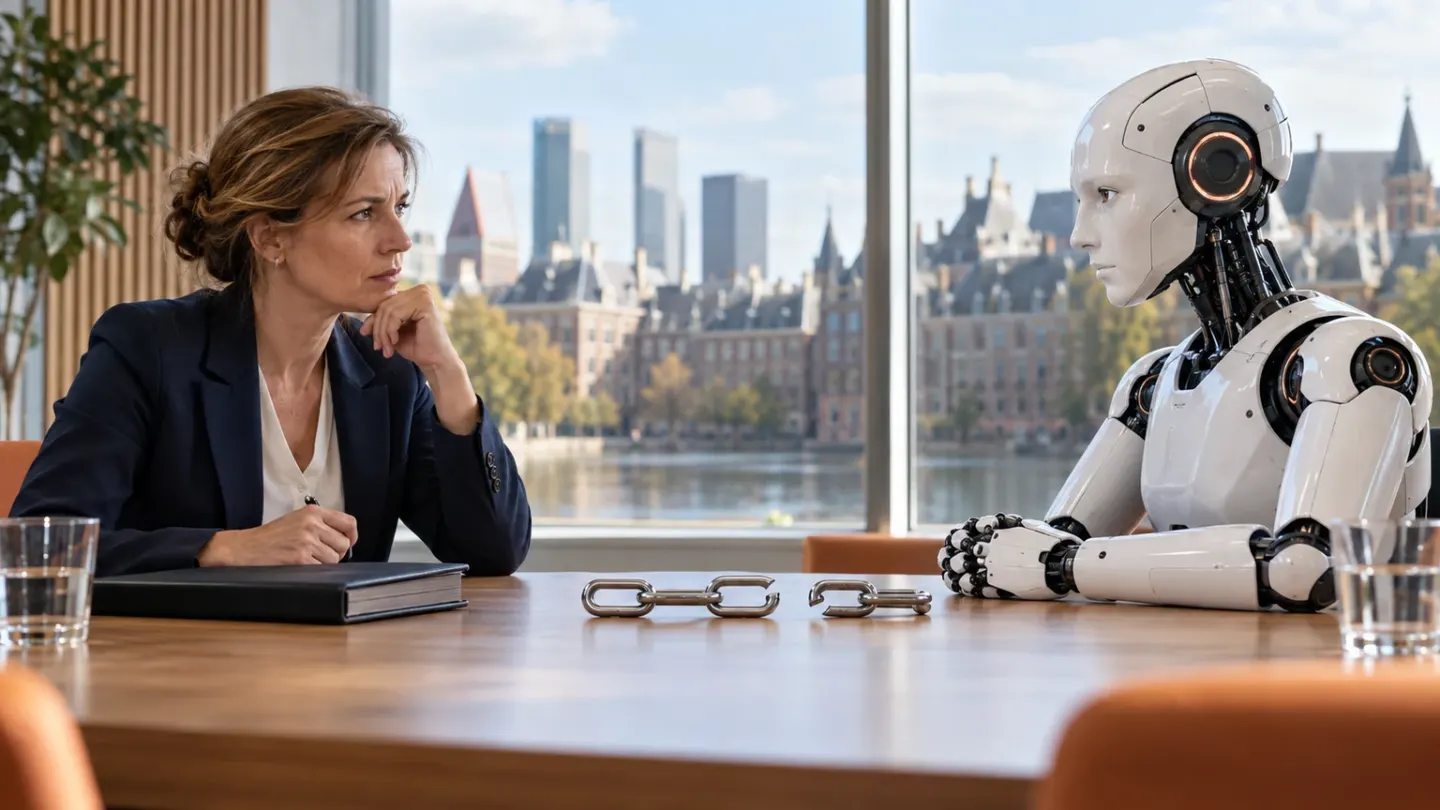 Een toezichthouder zit tegenover een humanoïde AI-robot; tussen hen ligt een metalen ketting met een ontbrekende verbinding.