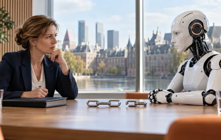 Een toezichthouder zit tegenover een humanoïde AI-robot; tussen hen ligt een metalen ketting met een ontbrekende verbinding.