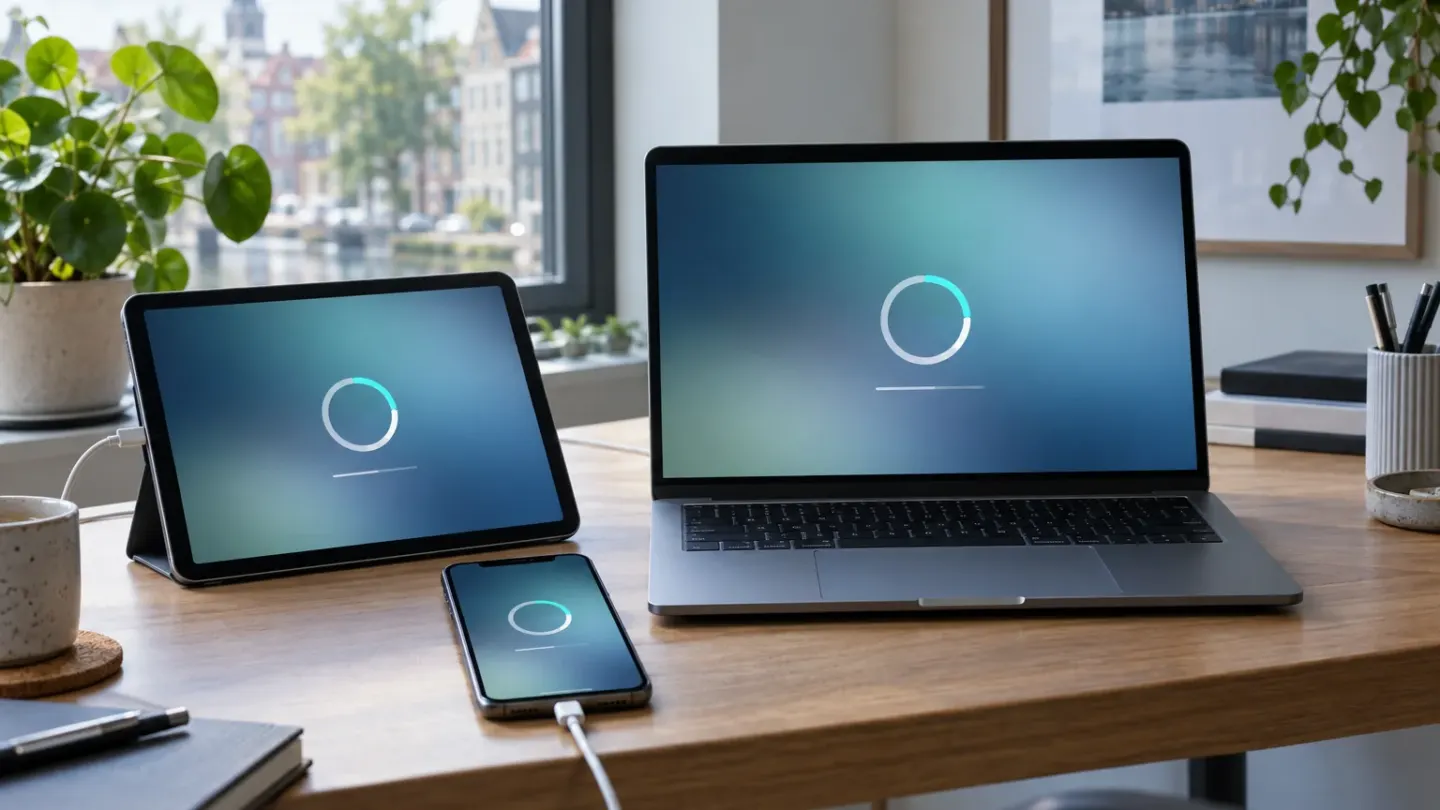 Een iPhone, iPad en MacBook op een Nederlandse werkplek met neutrale voortgangscirkels voor een software-update