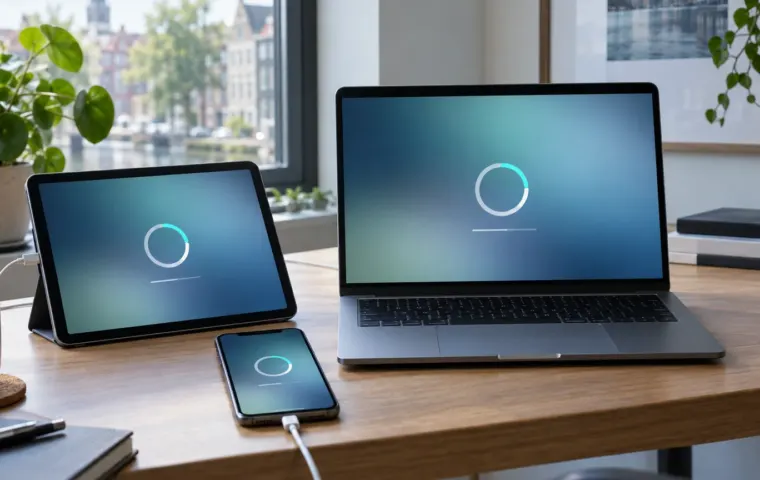 Een iPhone, iPad en MacBook op een Nederlandse werkplek met neutrale voortgangscirkels voor een software-update