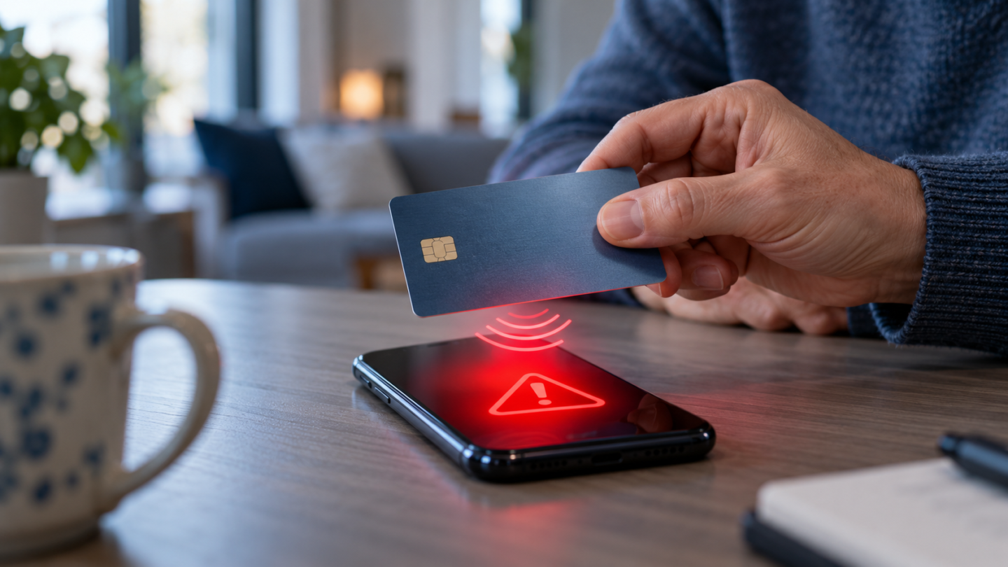 Hand houdt een bankpas boven een smartphone met een rood waarschuwingssymbool