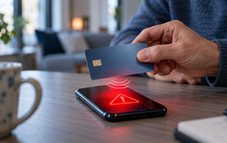 Hand houdt een bankpas boven een smartphone met een rood waarschuwingssymbool