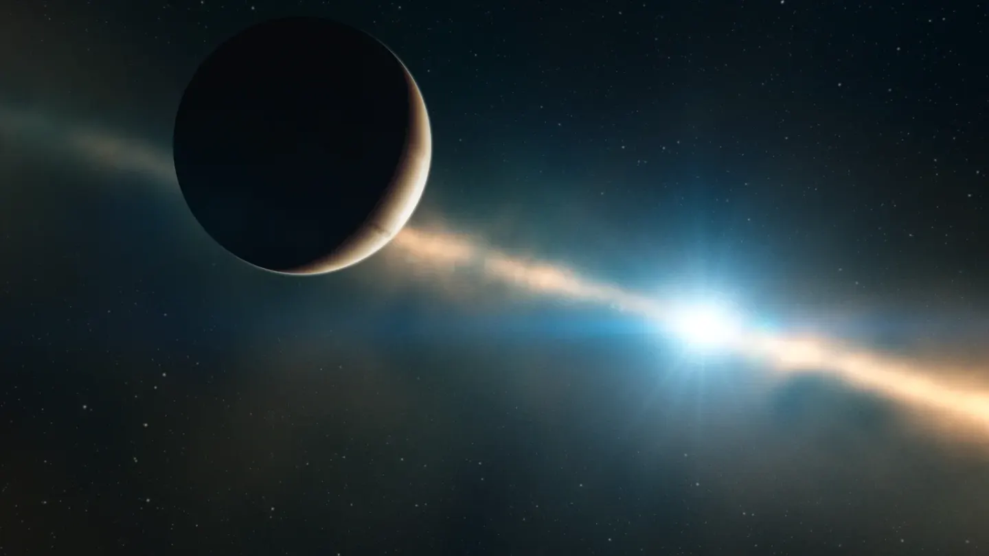 Artistieke voorstelling van de jonge reuzenplaneet Beta Pictoris b in de stoffige schijf rond zijn ster
