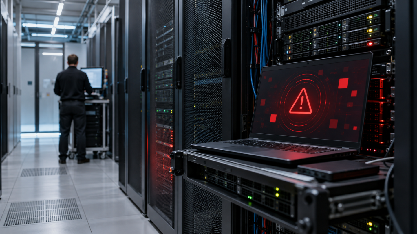 Serverruimte met waarschuwing voor een actief misbruikt beveiligingslek