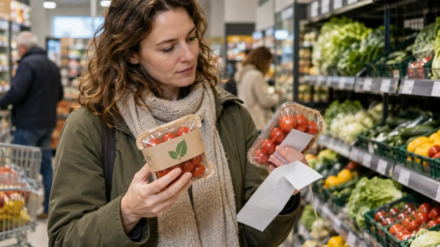 Vrouw vergelijkt twee verpakkingen tomaten en een kassabon in de groenteafdeling van een supermarkt.