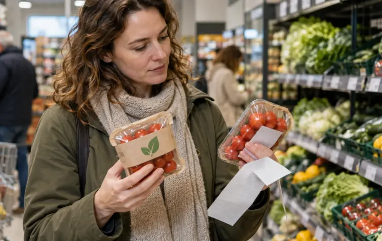 Vrouw vergelijkt twee verpakkingen tomaten en een kassabon in de groenteafdeling van een supermarkt.