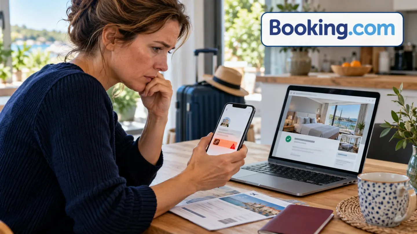 Redactionele illustratie van een reiziger die een verdachte betaalkoppeling controleert, met het woordmerk van Booking.com.