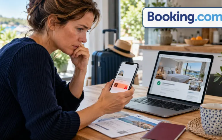 Redactionele illustratie van een reiziger die een verdachte betaalkoppeling controleert, met het woordmerk van Booking.com.