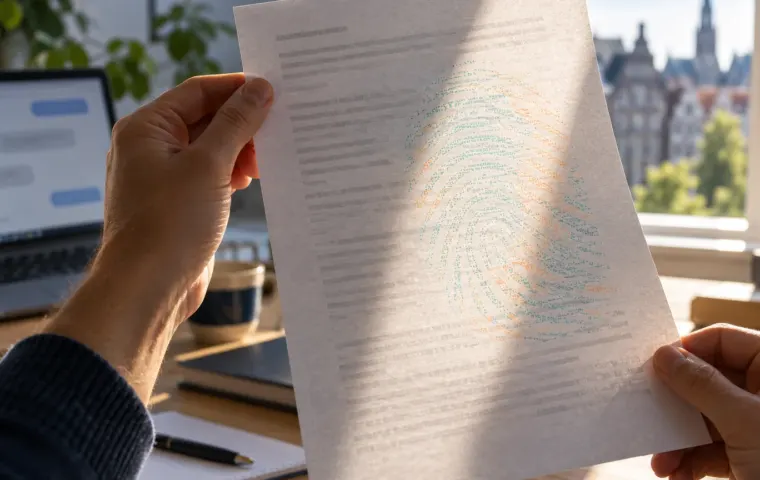 Een persoon houdt een tekstblad tegen het licht, waarbij een gekleurd vingerafdrukachtig patroon zichtbaar wordt