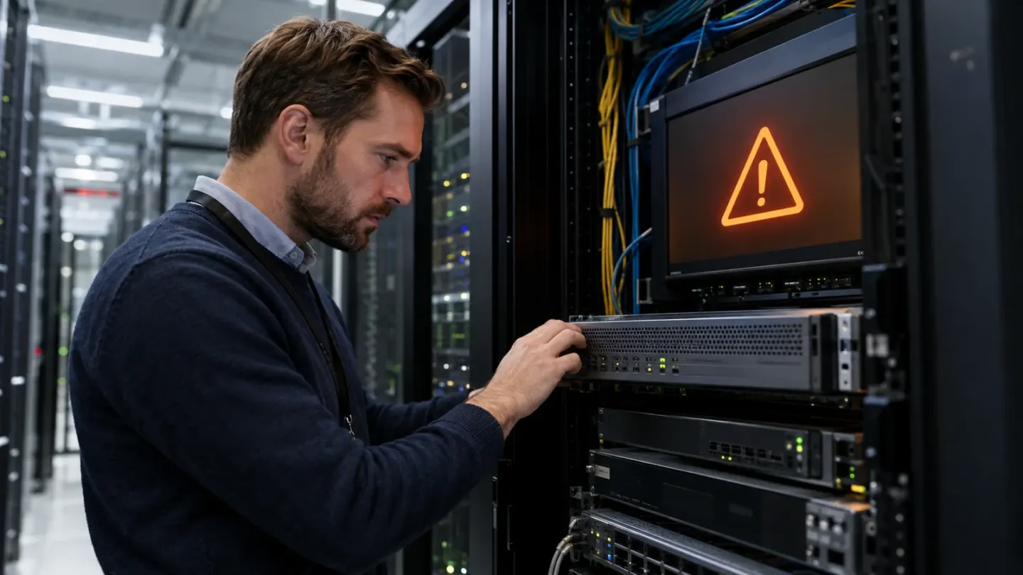 IT-beheerder controleert een beveiligingswaarschuwing bij netwerkapparatuur in een serverruimte.