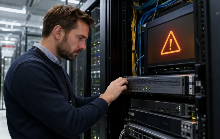 IT-beheerder controleert een beveiligingswaarschuwing bij netwerkapparatuur in een serverruimte.
