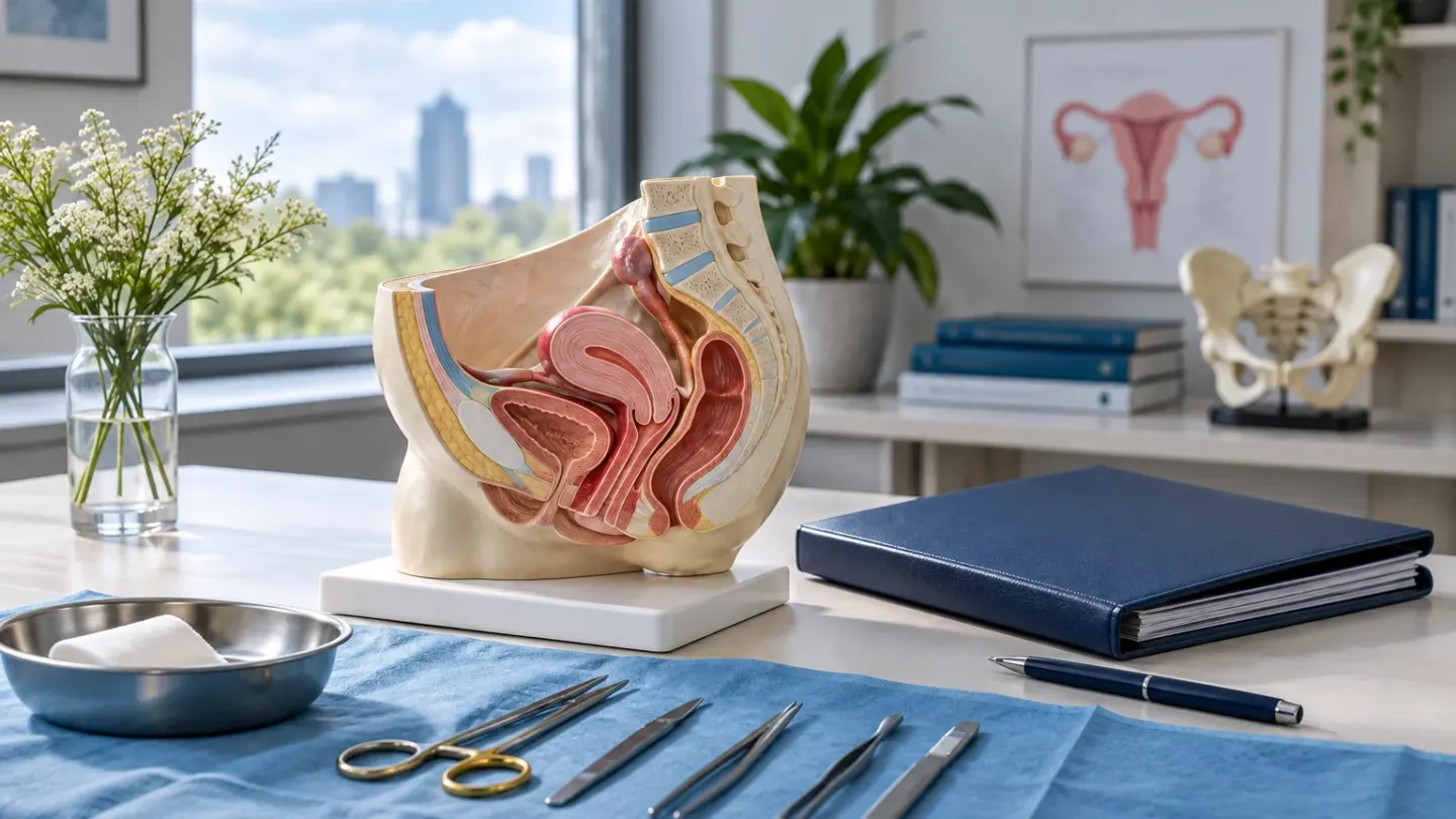 Anatomisch bekkenmodel op een tafel voor chirurgische planning in een lichte behandelkamer.