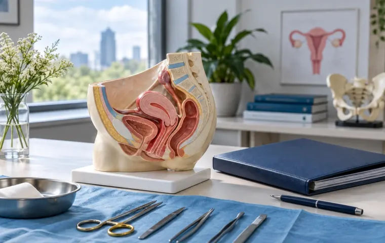 Anatomisch bekkenmodel op een tafel voor chirurgische planning in een lichte behandelkamer.