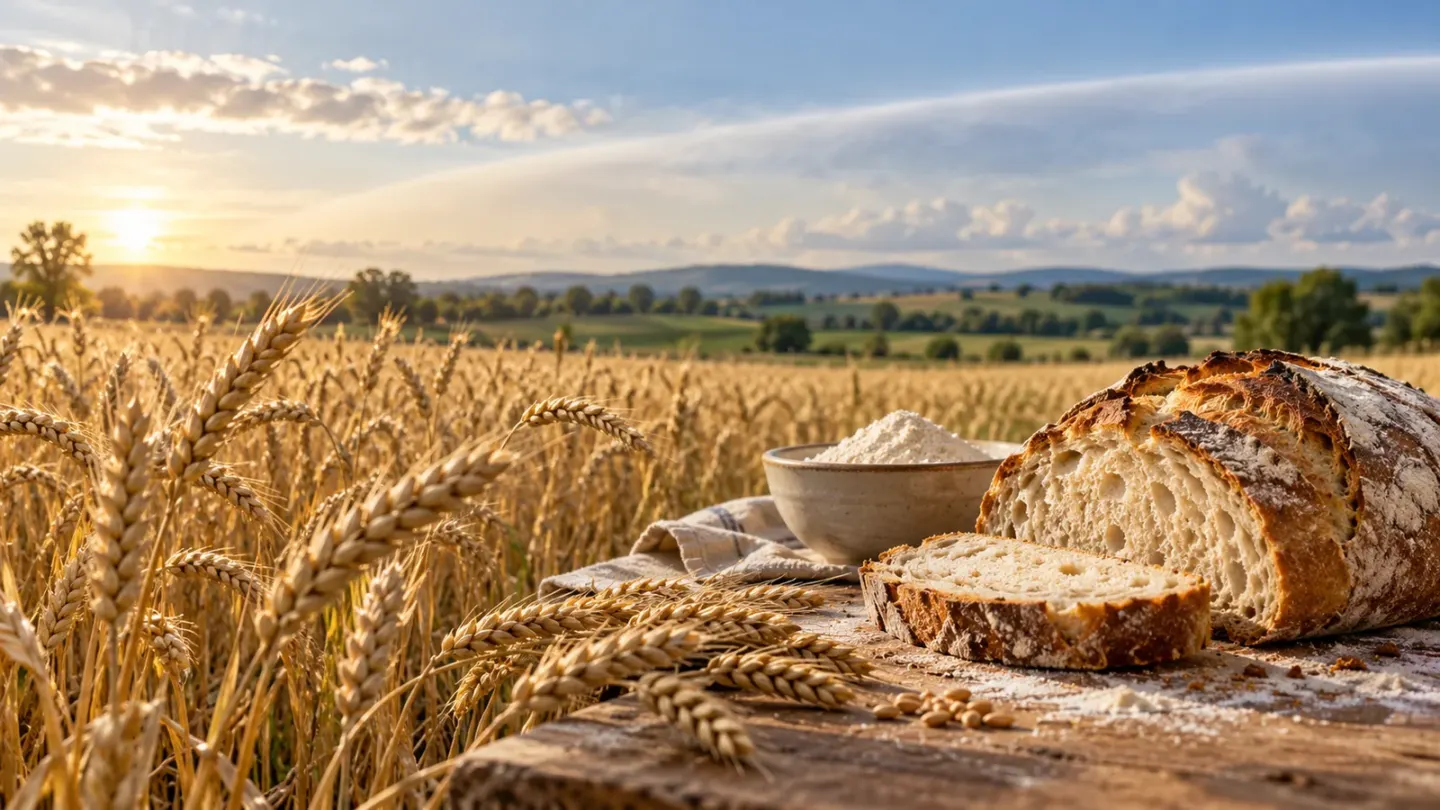 Rijpe tarwe, meel en een aangesneden brood in een graanveld