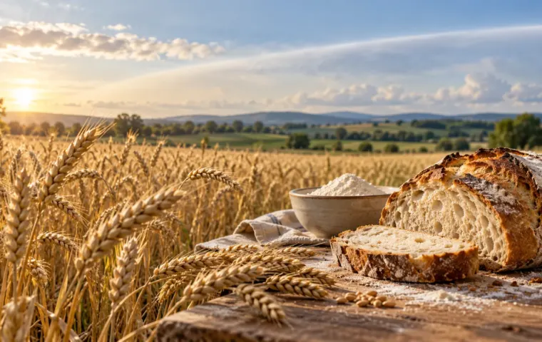 Rijpe tarwe, meel en een aangesneden brood in een graanveld