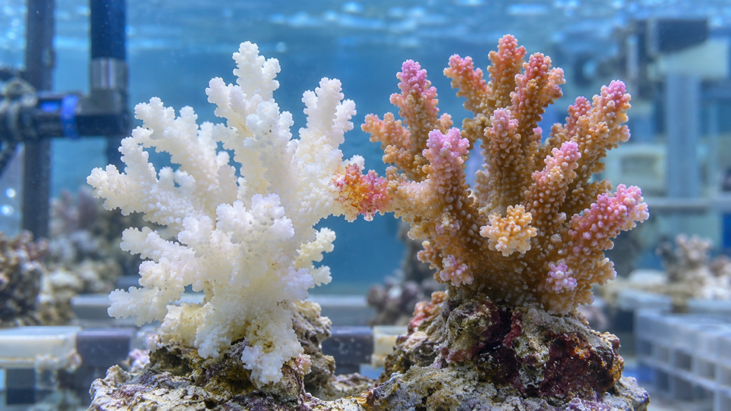 Verbleekt koraal maakt contact met gezond koraal in een onderzoeksaquarium