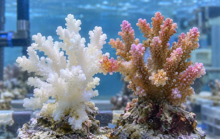 Verbleekt koraal maakt contact met gezond koraal in een onderzoeksaquarium