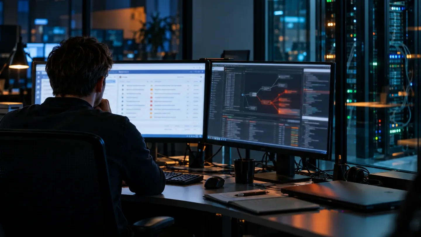 Cybersecurityspecialist onderzoekt afwijkende activiteit in een helpdesksysteem naast een serverruimte
