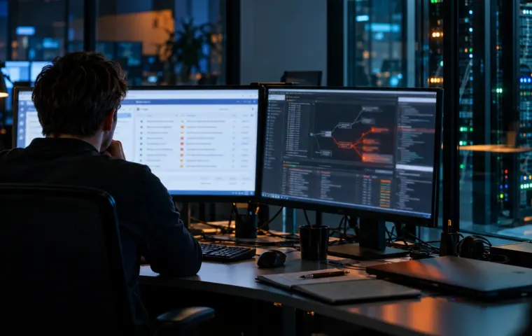 Cybersecurityspecialist onderzoekt afwijkende activiteit in een helpdesksysteem naast een serverruimte
