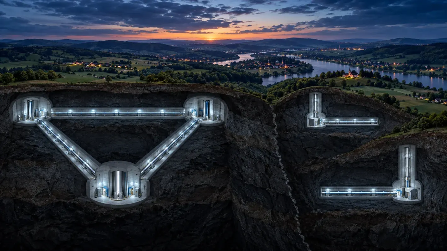 Illustratieve doorsnede van een ondergrondse driehoekige detector naast twee afzonderlijke L-vormige detectoren in een Europees landschap.