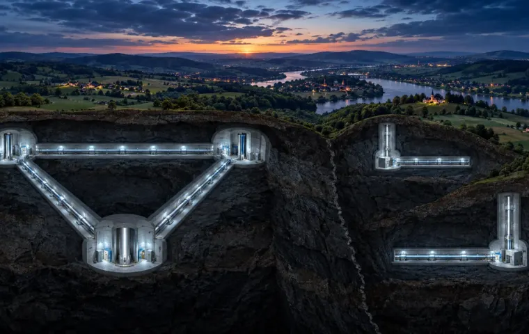 Illustratieve doorsnede van een ondergrondse driehoekige detector naast twee afzonderlijke L-vormige detectoren in een Europees landschap.