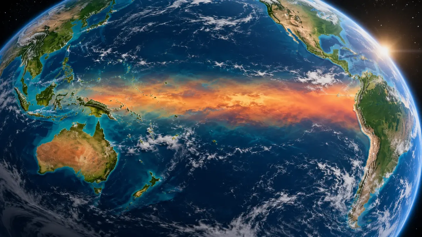 Conceptuele AI-visualisatie van de aarde boven de Stille Oceaan, met een oranje gloed die El Niño symboliseert.