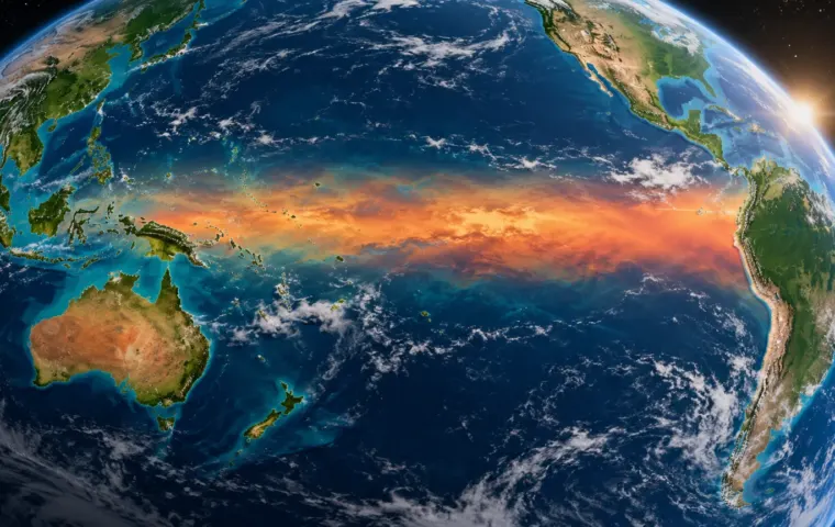 Conceptuele AI-visualisatie van de aarde boven de Stille Oceaan, met een oranje gloed die El Niño symboliseert.
